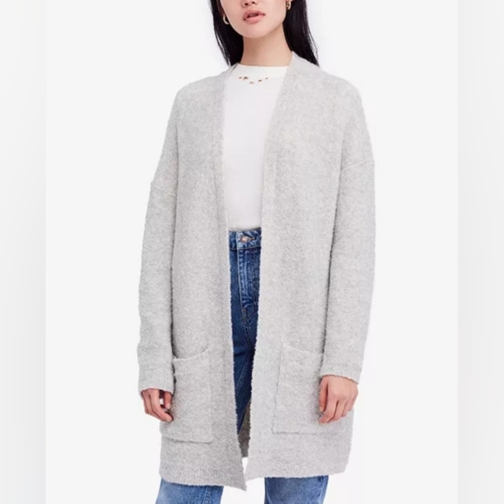 Free People Light Gray Phantom Women's Wool Blend Fuzzy Long Cardigan Sweater